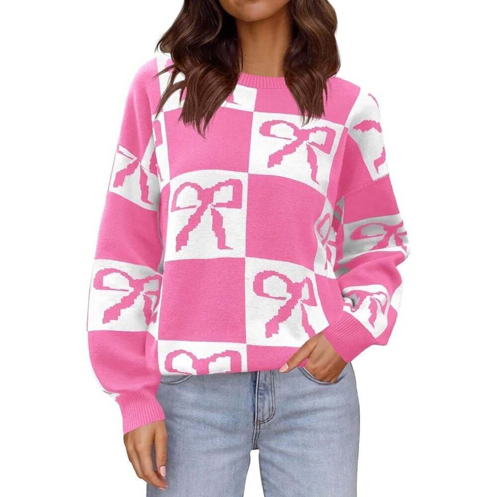 Womens Color Block Bow Sweater Oversized Crewneck Long Sleeve Knit Warm Pullover